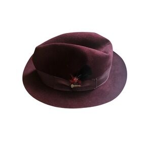 Biltmore Eleganza Fedora Hat Bordeaux Felt Leather Band 7 3/8 Quiet Luxury